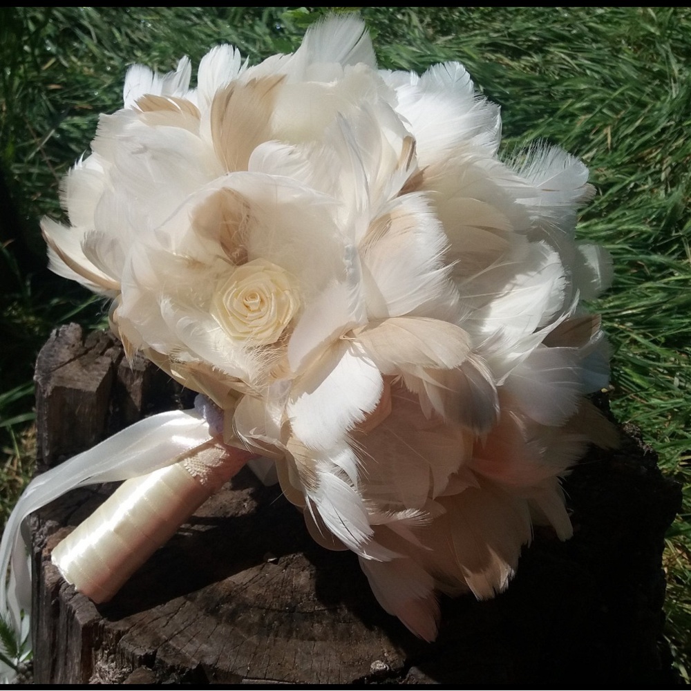 Feather and satin bridal bouquet from Etsy